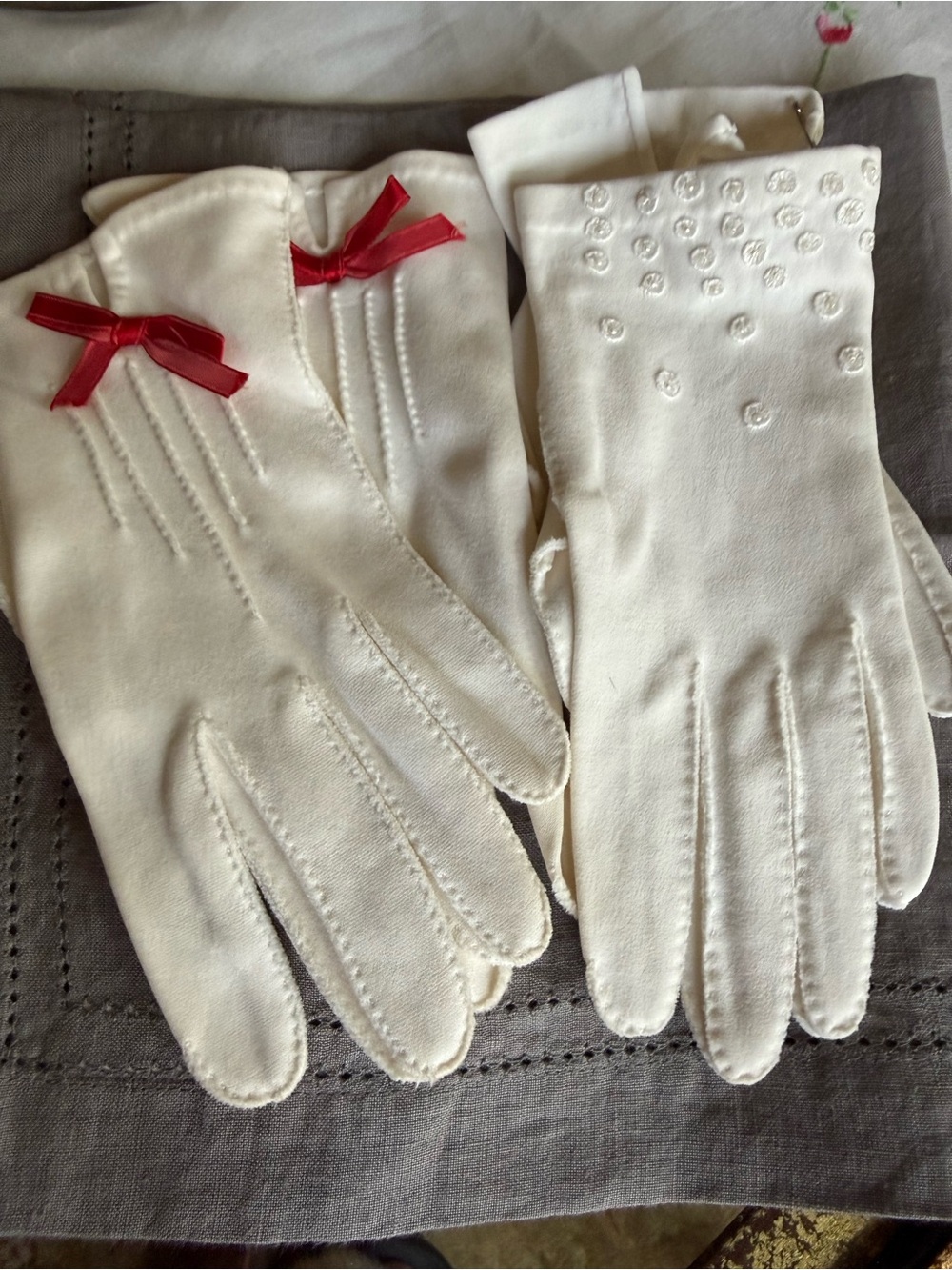 Vintage White Dress Gloves, 2 Pairs, one with Red Bow Accent & one tiny pearl’s